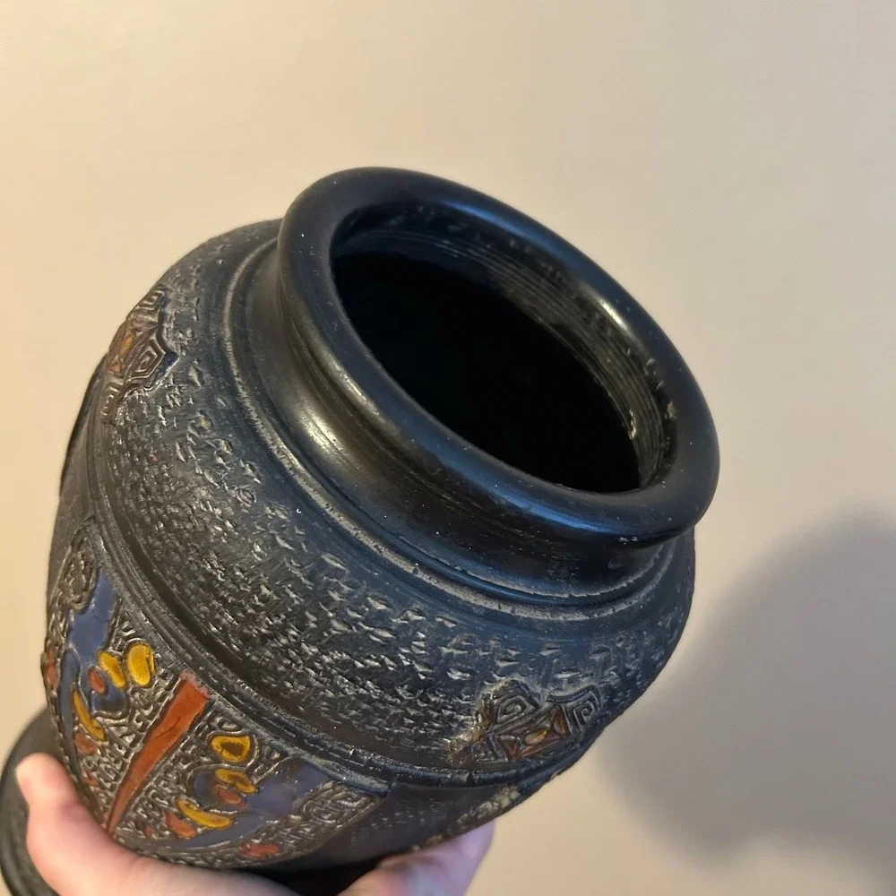 Vintage Japanese Vase Tokanabe Enamed Black Pottery Art Nouveau 1920s 30s